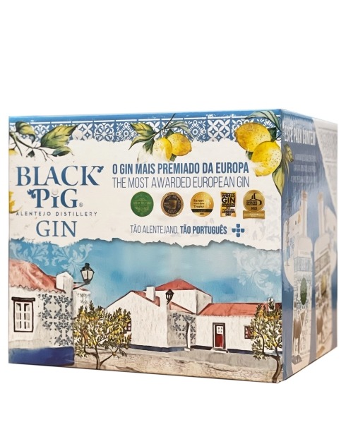 Garcias - Vinhos e Bebidas Espirituosas - GIN BLACK PIG CONJUNTO (1 GARRAFA COSTA +1 GARRAFA MONTADO + 4 COPOS) 1