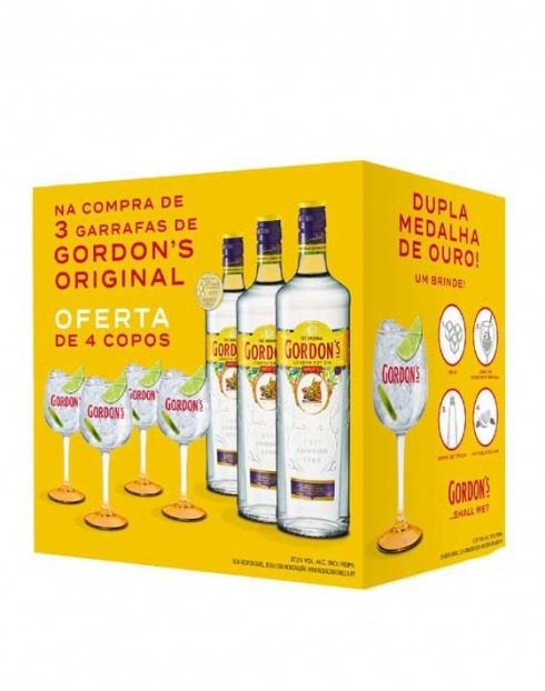 Garcias - Vinhos e Bebidas Espirituosas - GIN GORDON'S CONJUNTO 3 GARRAFAS MAIS 4 COPOS 1